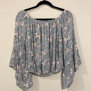 Entro Women’s Boho Tunic Top Medium Blue Floral Oversized Off Shoulder Hem Bell